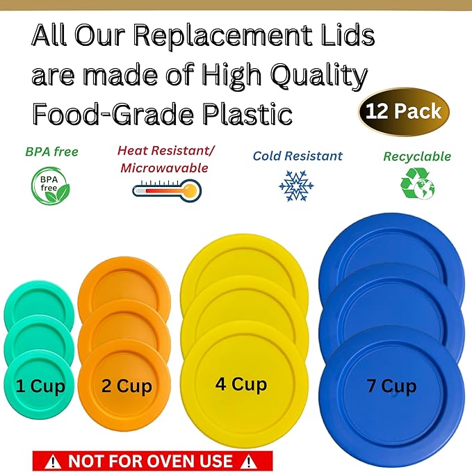 1, 2, 4 & 7 Cup Green, Orange, Yellow, Blue Replacement Lids/Covers for Pyrex, Anchor Hocking & KlareWare Storage Bowls *Lids Only Glass Container Not Included* (12 Pack *Three of Each Size*)