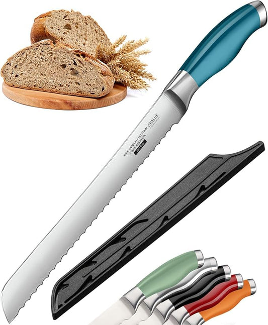 Orblue Serrated Bread Knife with 10-inch Upgraded Stainless Steel Razor Sharp Wavy Edge Width - Bread Cutter Ideal for Slicing Homemade Bagels and Cake, Blue