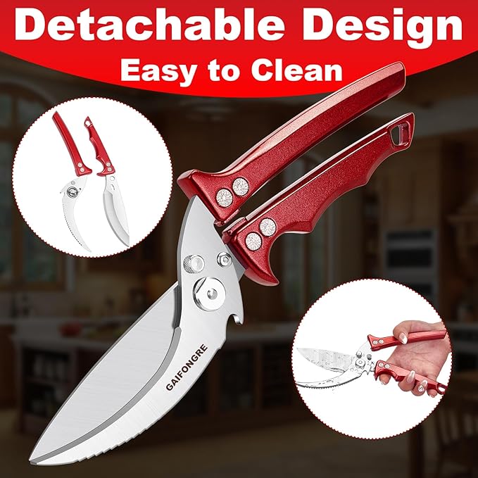 Poultry Shears Heavy Duty,Kitchen Shears for food Heavy Duty,Kitchen Scissors All Purpose,Chicken Shears,Fish,Meat,Easily Separable for Thorough Cleaning,Dishwasher Safe (Red)