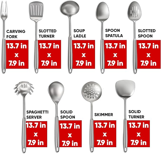 Newness 9 Pcs Cooking Utensils Set, 304 Stainless Steel Kitchen Utensils Set, Metal Kitchen Accessories, Include Soup Ladle, Slotted Skimmer Spoon, Spaghetti Spoon and Spatula, Dishwasher Safe