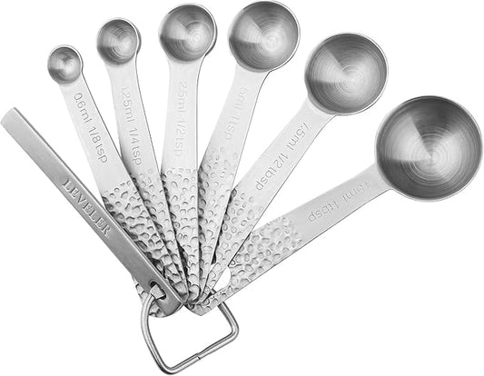 Measuring Spoons Set, 18/8 Stainless Steel Measuring Spoons Set for Dry & Liquid, Metric & US 6 Measuring Spoons with 1 Leveler & 1 Locking Ring for Baking & Kitchen