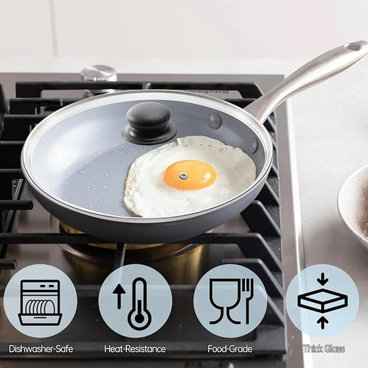 Tempered Glass Lid Compatible with Caraway Pans and Pots, 10.5" Pot Lid Replacement, Cooking Pot Lid Fit for Fry Pan, Dutch Oven and Stock Pot, with Easy to Grip Handle, Stainless Steel Rim, clear