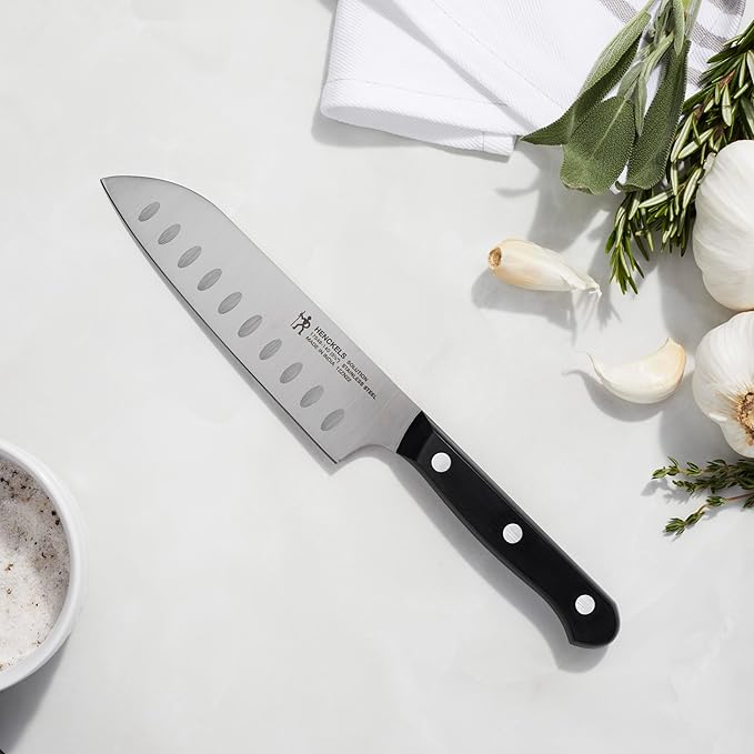 HENCKELS Solution Razor-Sharp Hollow Edge Santoku Knife 5.5 inch, German Engineered Informed by 100+ Years of Mastery, Black/Stainless Steel