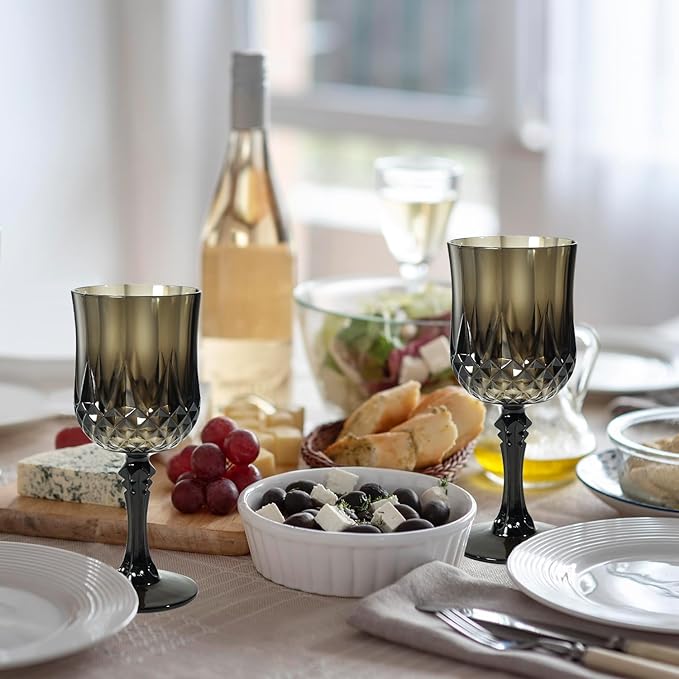 48 Pcs Black Wine Glasses, Plastic Goblets Vintage Style Cordial Drinking Glasses, Vintage Black Drinking Glasses Champagne Glassware for Wedding Reception Grand Event Party, 7Oz