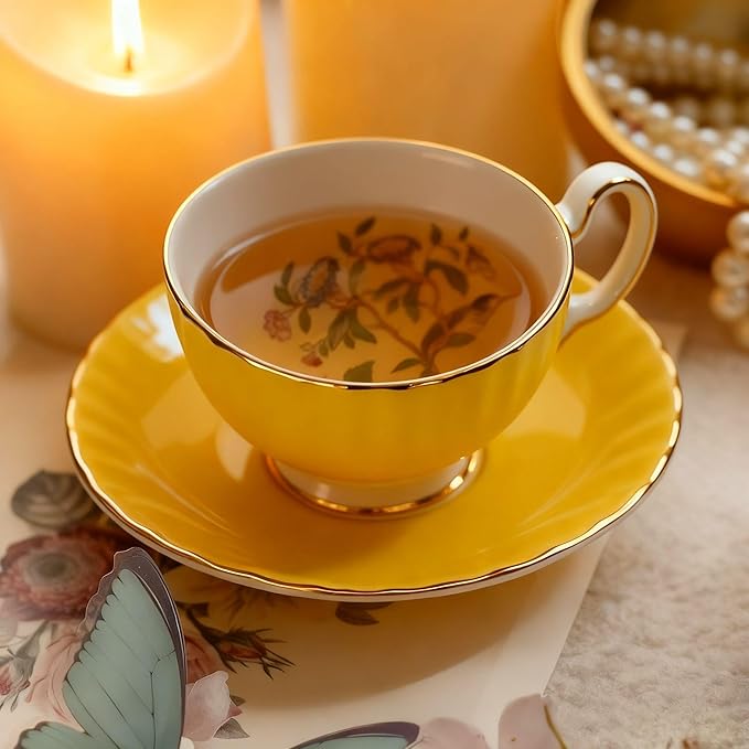 Aynsley Handpainting Colored Glaze Pembroke Oban Fine Bone China English Tea Cup and Saucer Set, 6.1 oz (Yellow)