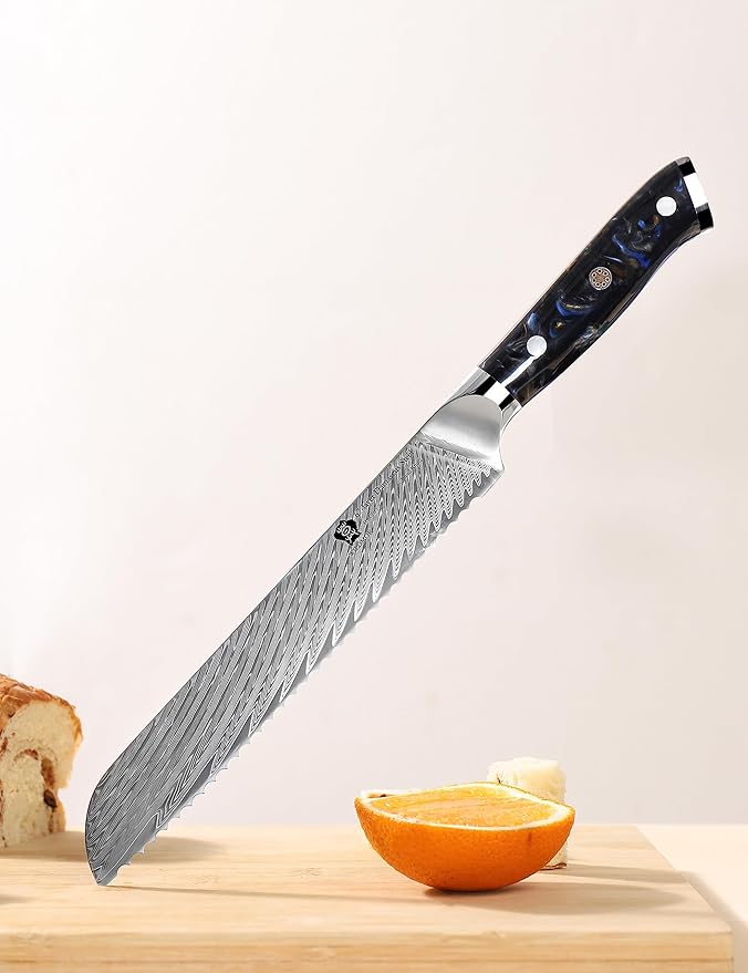 WILDMOK Damascus Serrated Steel Bread Knife, 8 inches Serrated Bread Knife, Ergonomic Full Tang Resin Handle, Razor Sharp Beautiful Damascus steel feather pattern with Luxury Gift Box