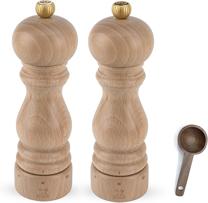 Peugeot Paris u'Select 6 Setting Manual beechwood Salt & Pepper Mill Set With Wooden Spice Scoop Made In France (Natural, 7- Inch)