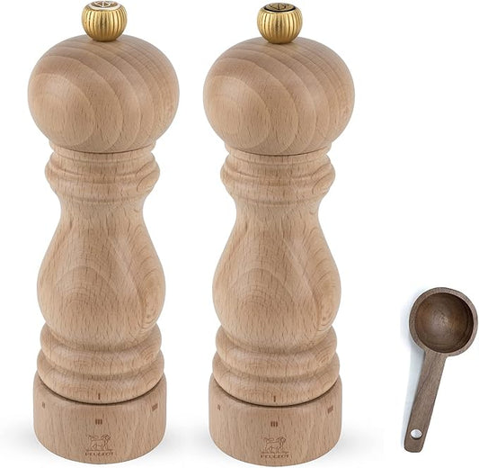 Peugeot Paris u'Select 6 Setting Manual beechwood Salt & Pepper Mill Set With Wooden Spice Scoop Made In France (Natural, 7- Inch)