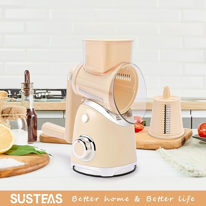 SUSTEAS Rotary Cheese Grater with Handle, Vegetable Slicer, 6 Interchangeable Blades, Reinforced Suction, Easy to Clean, Kitchen Shredder for Crushed Ice, Fruits, Nuts with Blade Storage Case, Beige