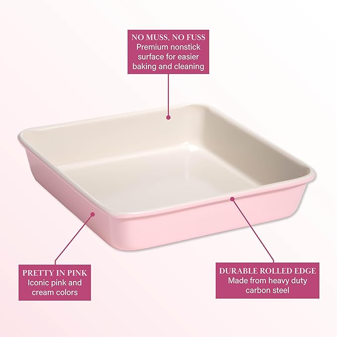 Paris Hilton Nonstick Carbon Steel Bakeware Collection, 9-Inch Square Cake Pan, Dishwasher Safe, Made without PFOA and PFAS, Pink Cream Two-Tone