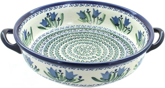 Blue Rose Polish Pottery - Blue Tulip Round Casserole with Handles - 10.25" Diameter - Unique, Dishwasher Safe, & Durable Bakeware