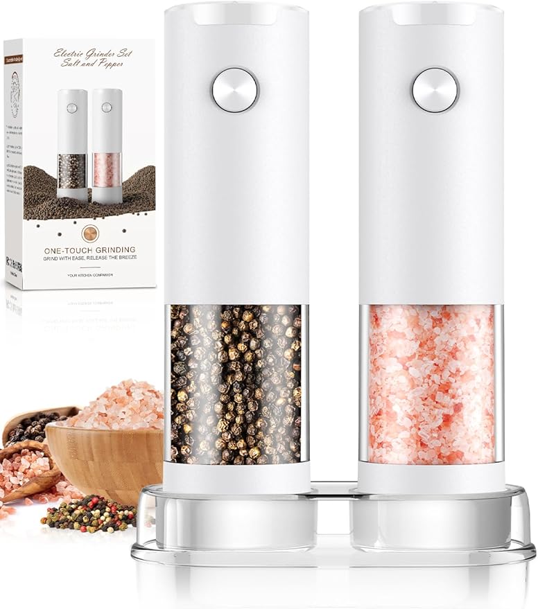 Electric Salt and Pepper Grinder Set Automatic Battery Pepper Mill Shakers Adjustable Coarseness Easy Filling Upgraded Larger Capacity with Led (2 Pack White/White)