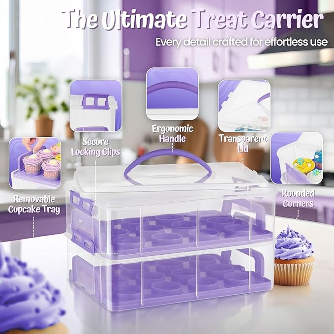 Flexzion Cupcake Carrier, Cupcake Holder for 24 Cupcakes, Portable and Reusable Rectangular Cake Carrier with Lid and Handle, 2 Tier Stackable Layer Insert (Purple)