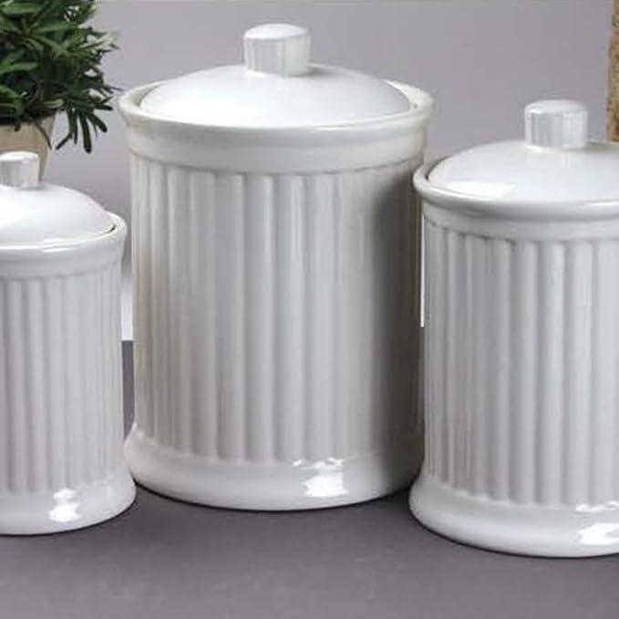 Omniware Simsbury 4-Piece Canister Set - Stoneware Kitchen Storage with Silicone-Sealed Lids, Lead-Free Glaze & Dishwasher Safe - Rustic Farmhouse-Style Flour & Sugar Containers (White)