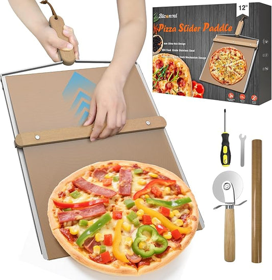 Sliding Pizza Peel 12 Inch, Non Stick Pizza Peel Slider with Wood Handle Detachable elite peel sliding pizza peel, 304 Stainless Steel Metal Pizza Board 15.4" x 12.7"