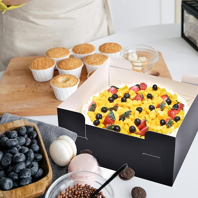 16Pcs 12x12x6 Inch Cake Boxes with Cake Boards (8Pcs Black Cake Boxes, 8Pcs Cake Boards), Bakery Boxes with Window, Cake Carrier Container for Birthday Party, Wedding
