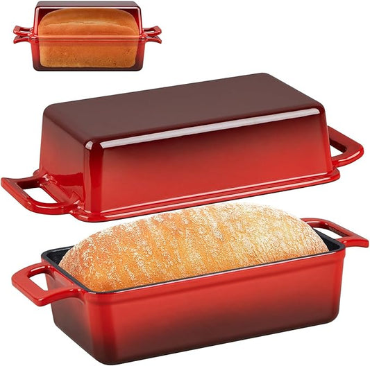 P&P CHEF 2 In 1 Enameled Cast Iron Loaf Pan with Lid, 9 x 5 Inch Bread Loaf Pans for Baking Homemade Sourdough Bread, Meatloaf, Toast, Cake, Nonstick & Healthy & Sturdy, 2 Piece Set - Red