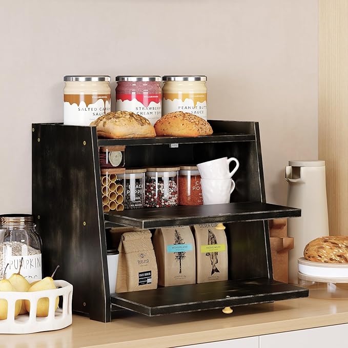 Vintage Double Layer Bread Box for Kitchen Counter Bamboo Bread Storage Container Large Capacity Bread Storage Bin (Antique Black)