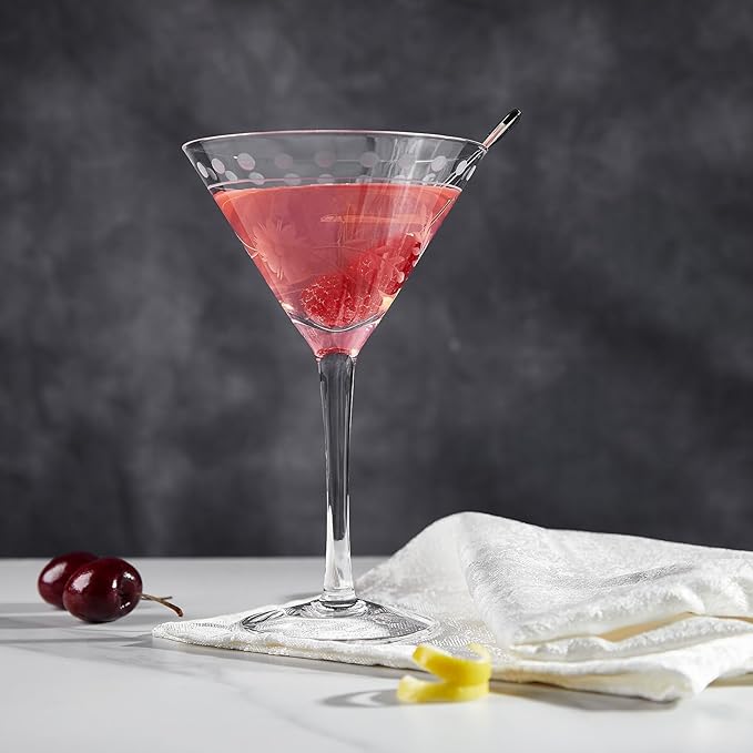 Royalrose Premium Delight Vintage Cocktail Glasses Set of 4, 9.6 oz – Hand-Blown with Etched Long Stem, Classic Glassware for Weddings, Dinners, and Holiday Gifting (Martini Glasses)
