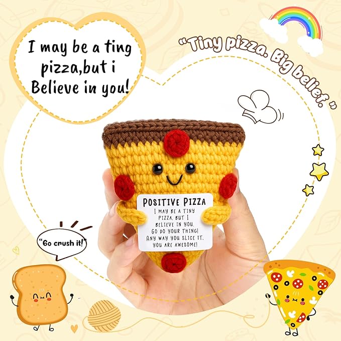 Mini Christmas Inspirational Pizza Gifts Handmade Positive Crochet Animal Pizza for Motivation Christmas Birthday Gift for Women Coworker Friends Christmas Stocking Stuffers White Elephant Gifts Idea