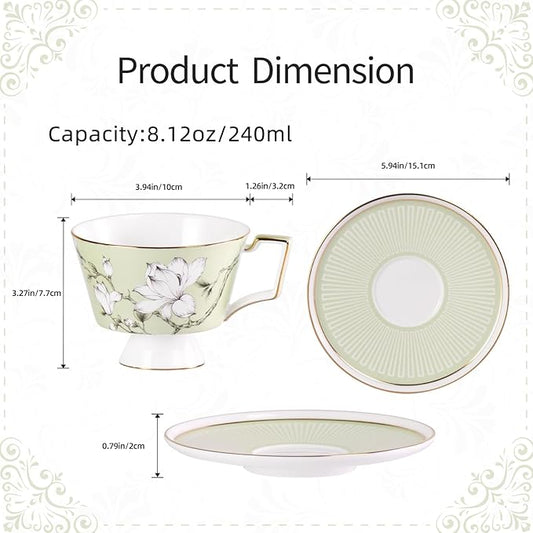 KAMMAK Ceramic Tea Cup and Saucer Set with Gold Trim, Magnolia Flower Pattern, 240ml Elegant Bone China Coffee Cup Set in Blue & Sage Green for Afternoon Tea, Gift for Women