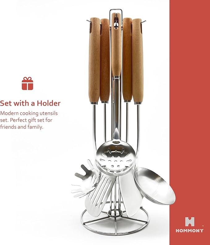 Cooking Utensils Set, 8-Piece 304 Stainless Steel Kitchen Tool Sets with Holder, Wooden Handle Heat Resistant Kitchen Cookware Set, Gadgets Tools Set Gift