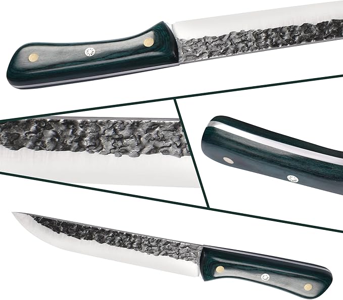 FULLHI Portable 12pcs Butcher Knife Set Green Woodhandle with Knife Bag Hand Forged Chef Boning Knife High Carbon Steel Viking for Kitchen, Camping, BBQ