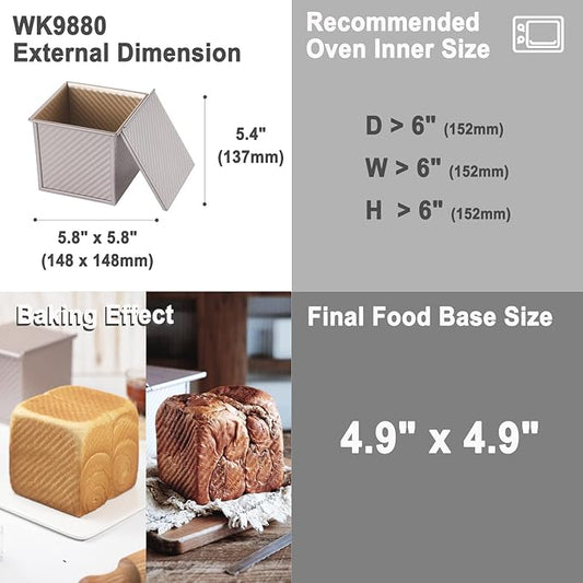 CHEFMADE Square Pullman Loaf Pan with Lid, 1Lb Dough Capacity Non-Stick Rectangle Corrugated Toast Box for Oven Baking 5.7" x 5.7"x 5.2"(Champagne Gold)