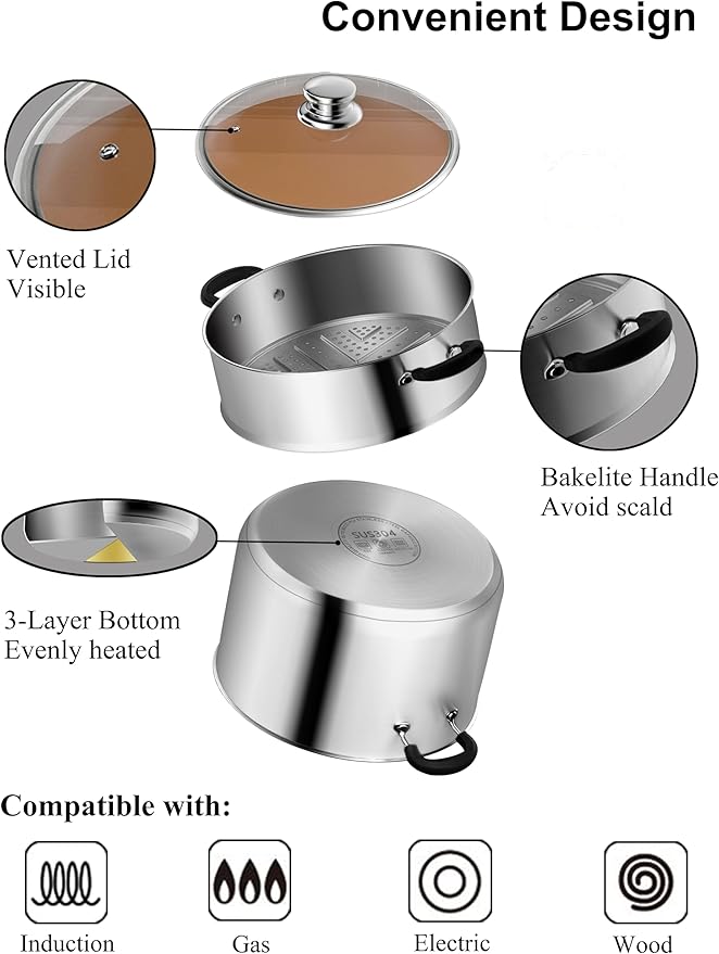 VENTION 8.7 Inch Small Vegetable Steamer Pot, 3.8 QT Induction Stainless Steel Steamer for Cooking, Steam Pot(22cm)