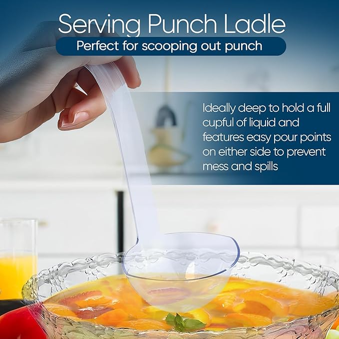 Premium Large Clear Punch Bowl Plastic Lightweight 2 Gallon with Clear Plastic Serving Ladle 5 oz Embroidered Design 8 Quart Serving Bowl