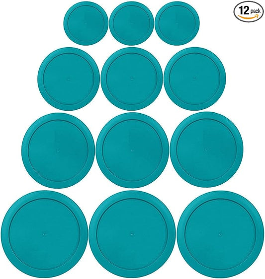 1, 2, 4 & 7 Cup Turquoise Replacement Lids/Covers for Pyrex, Anchor Hocking & KlareWare Storage Bowls *Lids Only Glass Container Not Included* (12 Pack *Three of Each Size*)