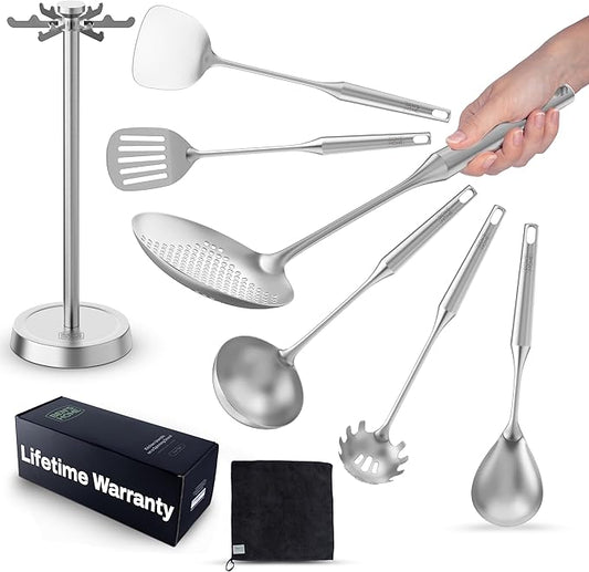 BEN'SHOME® Stainless Steel Utensil Tools Set with Holder Stand - Spatula, Spaghetti Server, Draining spoon, Serving spoon, Ladle, and Skimmer Spoon | Dishwasher Safe, Brushed Finish