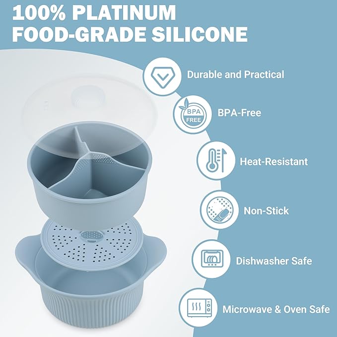 Silicone Microwave Steamer - Microwave Pot Steamer Basket Bowl for Baby Food, Vegetables & Dumplings, Compact & Lightweight Design, Oven & Dishwasher Safe (Blue, L 42oz(1250ml))