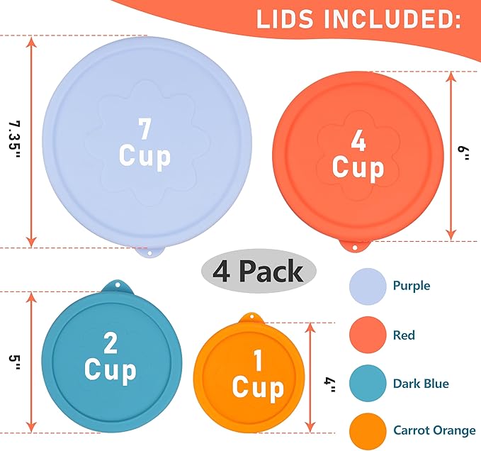 1 Cup 2 Cup 4 Cup 7 Cup Round Silicone Replacement Lids for Pyrex Glass Bowls, 4 Pack, Microwave & Dishwasher & Freezer Safe (Container not Included)
