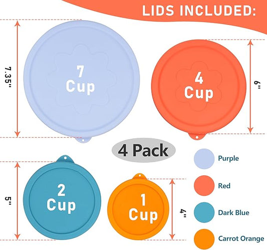1 Cup 2 Cup 4 Cup 7 Cup Round Silicone Replacement Lids for Pyrex Glass Bowls, 4 Pack, Microwave & Dishwasher & Freezer Safe (Container not Included)