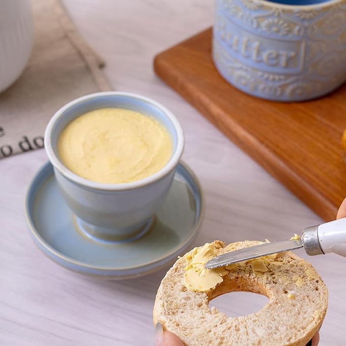 Ceramic Butter Crock with Lid, French Butter Dish with Water Line for Countertop, Butter Keeper for Spreadable Butter, Container Holder for Kitchen and Home Decor, 6.7 OZ, Pale Blue