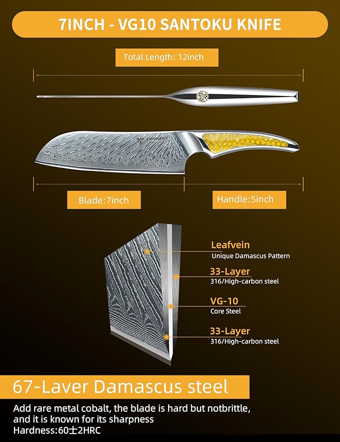 7 inch Santoku Knife, Japanese VG-10 Damascus Steel Chef Knife, Ultra Sharp Kitchen Knife with Full-tang Handle in Yellow Resin, LA-S9 Series