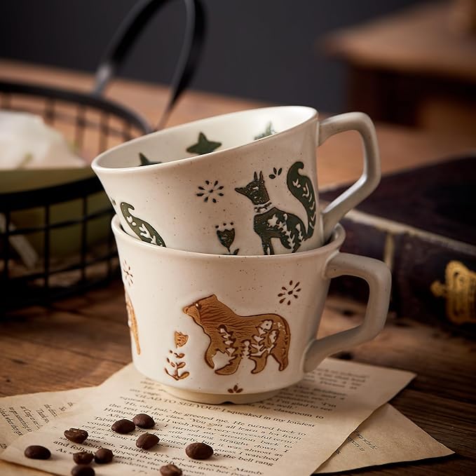 12oz Vintage Ceramic Coffee Mug Set of 4 - Handmade Stoneware Pottery Countryside Farmhouse Fall Autumn Tea Mugs with Big Handle for Latte,Cocoa,Dishwasher & Microwave Safe Cups (Animals)