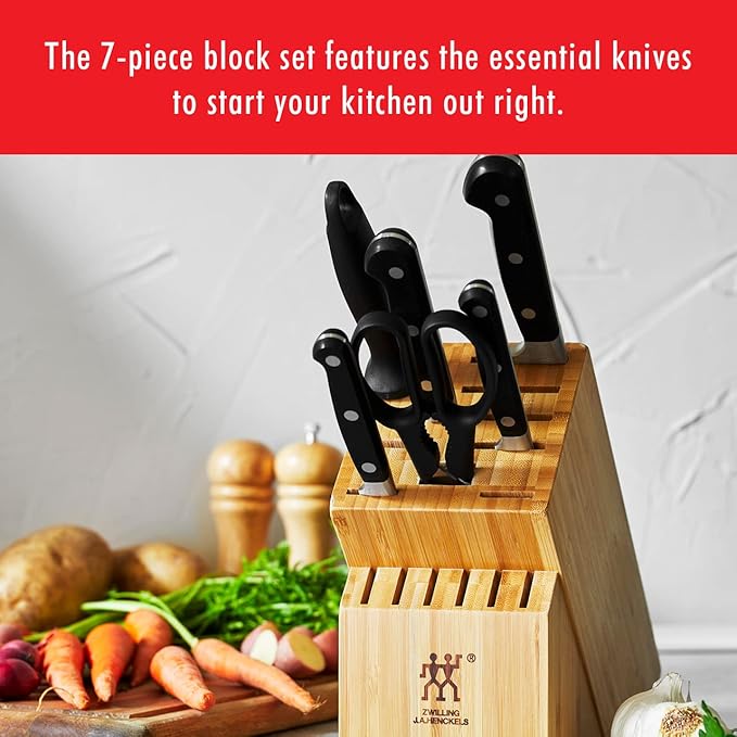 ZWILLING Professional S Knife Set with Block, Chef’s Knife, Serrated Utility Knife, 7 Piece, Bamboo