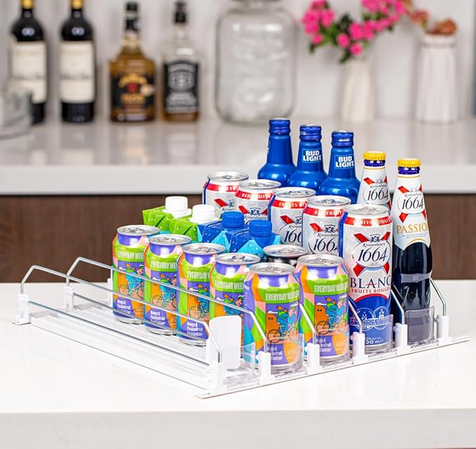 RULA Drink Organizer for Fridge, Self-Pushing Soda Can Dispenser for Refrigerator, Width Adjustable Beverage Pusher Glide - Holds up to 25 Cans (15" D, 5 Rows)