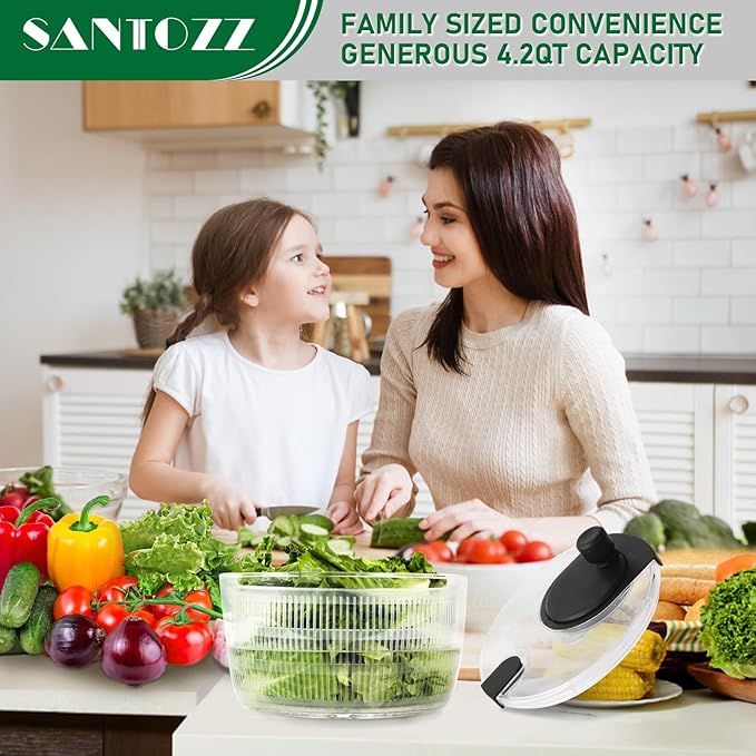 Santozz Rotary Salad Spinner with Bowl 4.2Qt, Lettuce Dryer, Vegetable Washer, Colander and Build in Draining System for Washing, Draining Vegetables, Greens and Fruits