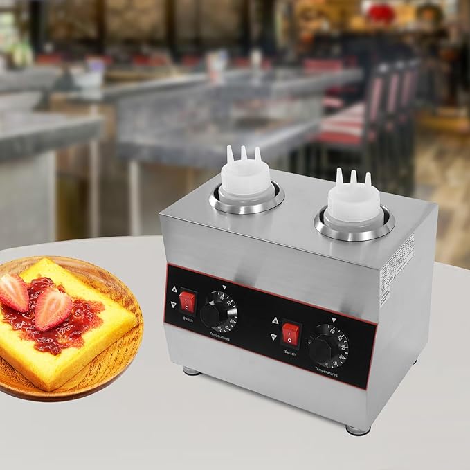 Electric Nacho Cheese Warmer Machine 2 Pot Commercial Hot Fudge Dispenser Stainless Steel Hot Chocolate Dispenser with 2 Sauce Squeeze Bottles for Cheese Caramel Jam Ketchup 320W (2 Pot)