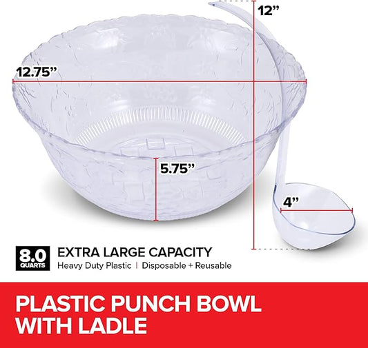 Stock Your Home Premium Plastic Punch Bowl with Ladle, Fancy Disposable Punch Bowls for Parties, Holidays, Schools, Halloween, and More, Quality Glass Like Appearance, Large Punch Bowl with Ladle Set