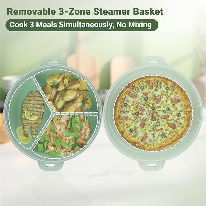 Double-Layer Microwave Steamer Basket, Food-Grade Steamer Pot for Vegetables with Handle and Lid, Heat-Resistant Microwave Steaming Bowl for Easy Clean, Dishwasher Safe, 3 Compartmented