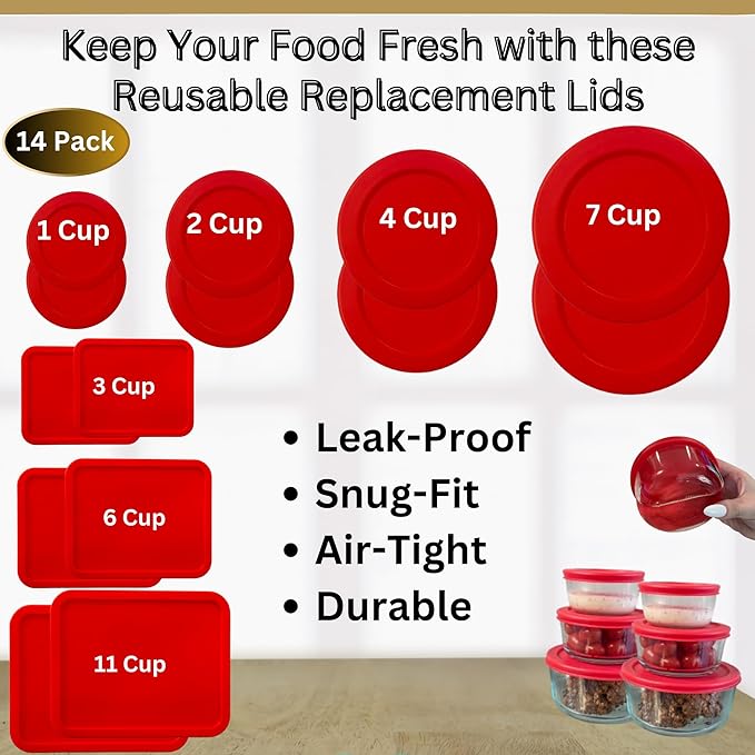 1, 2, 4 & 7 Cup Red Round & 3, 6, 11 Cup Red Rectangle Replacement Lids/Covers for Pyrex, Anchor Hocking & KlareWare Storage Bowls *Lids Only -Glass Container Not Included*, 14 Pack *2 of Each Size*