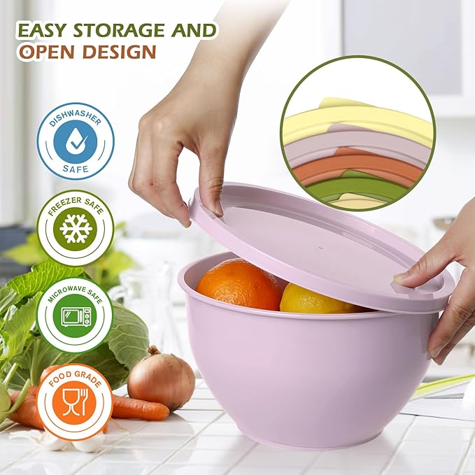 Plastic Mixing Bowls with Lids Set for Kitchen, Nesting Bowls for Mixing, Baking, Prepping, Cooking and Serving Food (5 Set-Olive green)