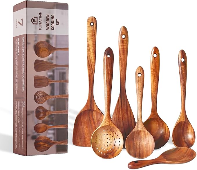 FJNATINH 7-Piece Nonstick Wooden Cooking Utensils Set, Natural and Healthy Kitchen Utensils(7 Pcs)