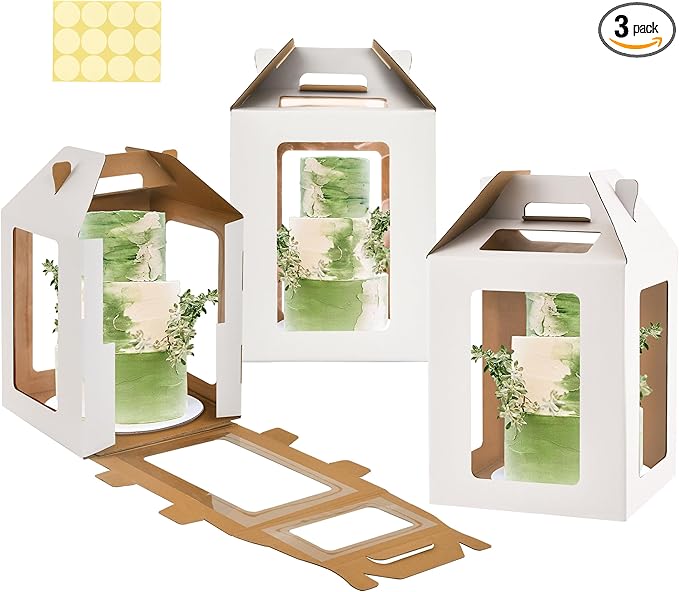 XININSUN 3 Pack Tall Cake Boxes for Tier Cake with 6 windows 12x12x14 Inch cake transport container,Bakery Take Out Transport Containers Tall Cake Carrier with Handle for Wedding, Birthday, Party