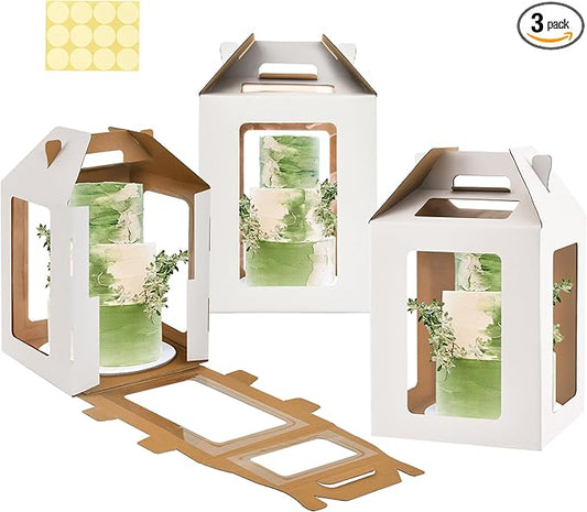 XININSUN 3 Pack Tall Cake Boxes for Tier Cake with 6 windows 12x12x14 Inch cake transport container,Bakery Take Out Transport Containers Tall Cake Carrier with Handle for Wedding, Birthday, Party