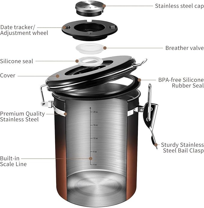 Veken Coffee Canister with Window,Airtight Stainless Steel Kitchen Food Storage Container, Date Tracker & Scoop for Grounds Coffee, Beans, Tea,Flour,Cereal,Sugar,22OZ,Copper